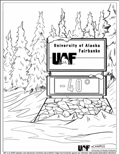 Black and white sketch of UAF's time and temperature sign indicating it's -40 degrees.