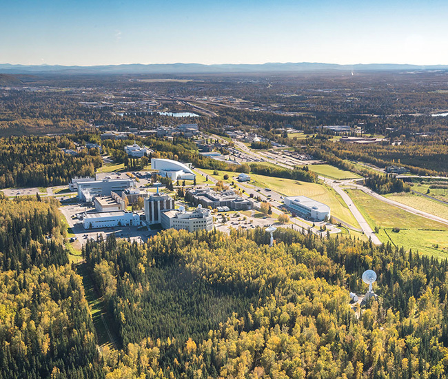 Aerial view of the University of Alaska Fairbanks which offers an online master's degree in communication