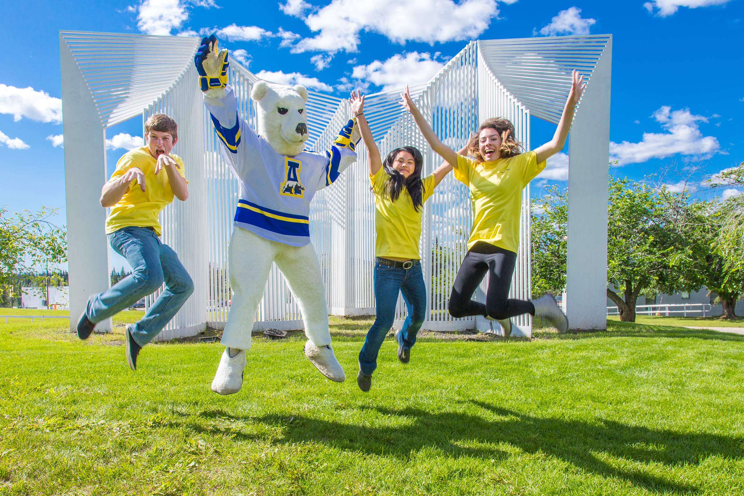 Student interns with the Alaska Business Week summer camp pose on the Fairbanks campus. UAF photo by Todd Paris.