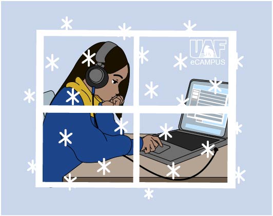 Drawing of a girl sitting in front of a laptop with snowflakes outside of her window