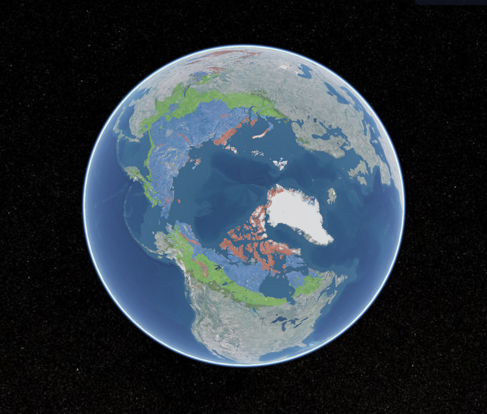 Image of a Earth with areas of green, blue and red which illustrate permafrost zones across the Arctic