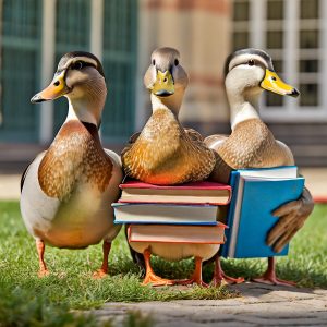 Three ducks with books at a college campus